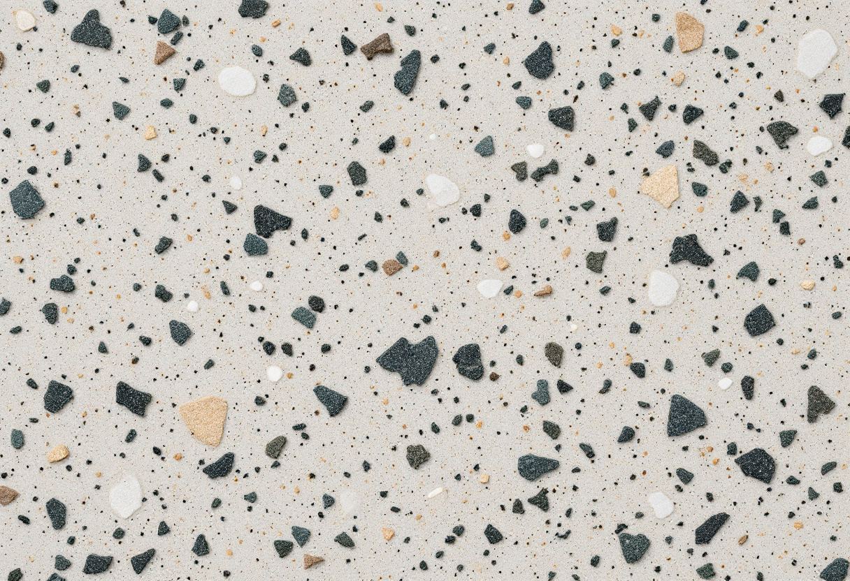 Losa de terrazo pulido. Fragmentos áridos en suspensión.