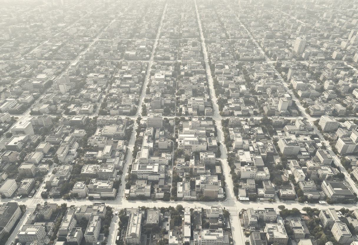 Retícula urbana desde el aire, manzanas regulares y sombra de bloque.