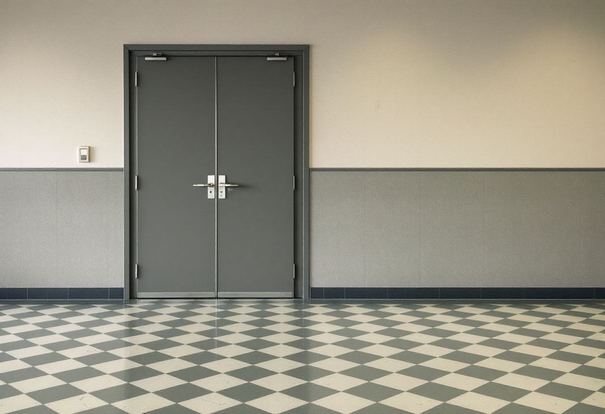 Vestíbulo administrativo. Puerta cerrada y pavimento de damero.